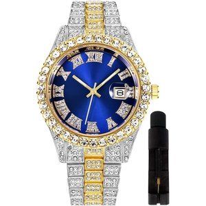 Mens XL Face-Silver Gold Blue Iced-Out Bling Diamond Luxury Watch with Date